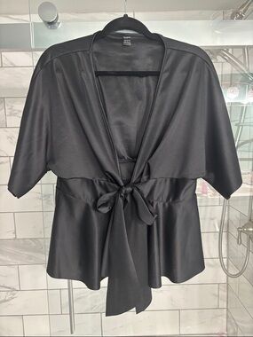 SHEIN Black Satin Tie-Front Short Sleeve Top - Never Worn